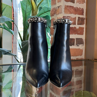 CHRISTIAN LOUBOUTIN Black Leather Spike Chain Pointed-Toe Ankle Booties SZ36.5(6.5US)