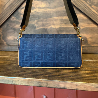 FENDI Baguette Blue Denim Cuoio Vitello King FF Embroidered Shoulder Bag