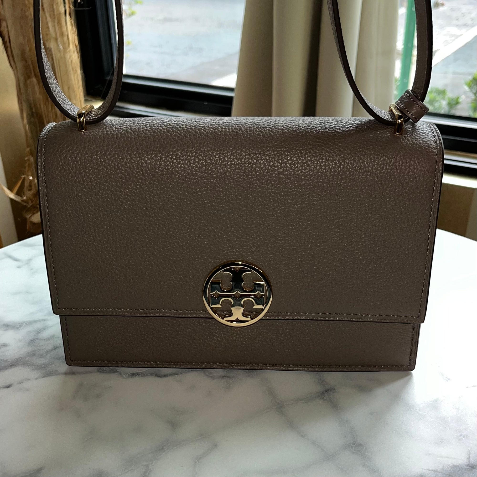 TORY BURCH Gray Leather Flap Bag
