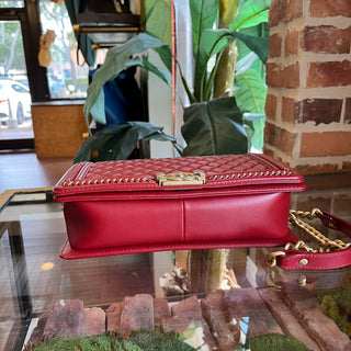 CHANEL Boy Red Quilted Calfskin Leather Top Handle Bag
