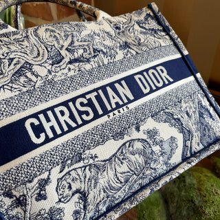DIOR Medium Book Ecru and Blue Toile de Jouy Embroidered Tote