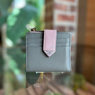PRADA Small Gray Pink Saffiano Smooth Leather Wallet