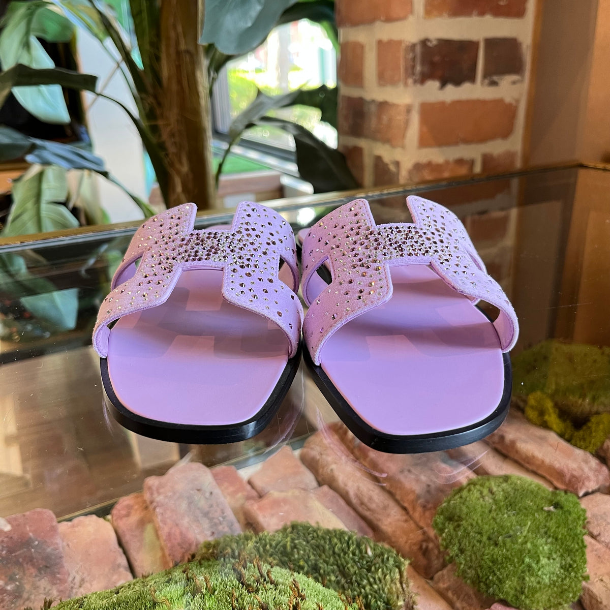 HERMES Purple Suede Rhinestone Embellished Oran Sandals SZ39