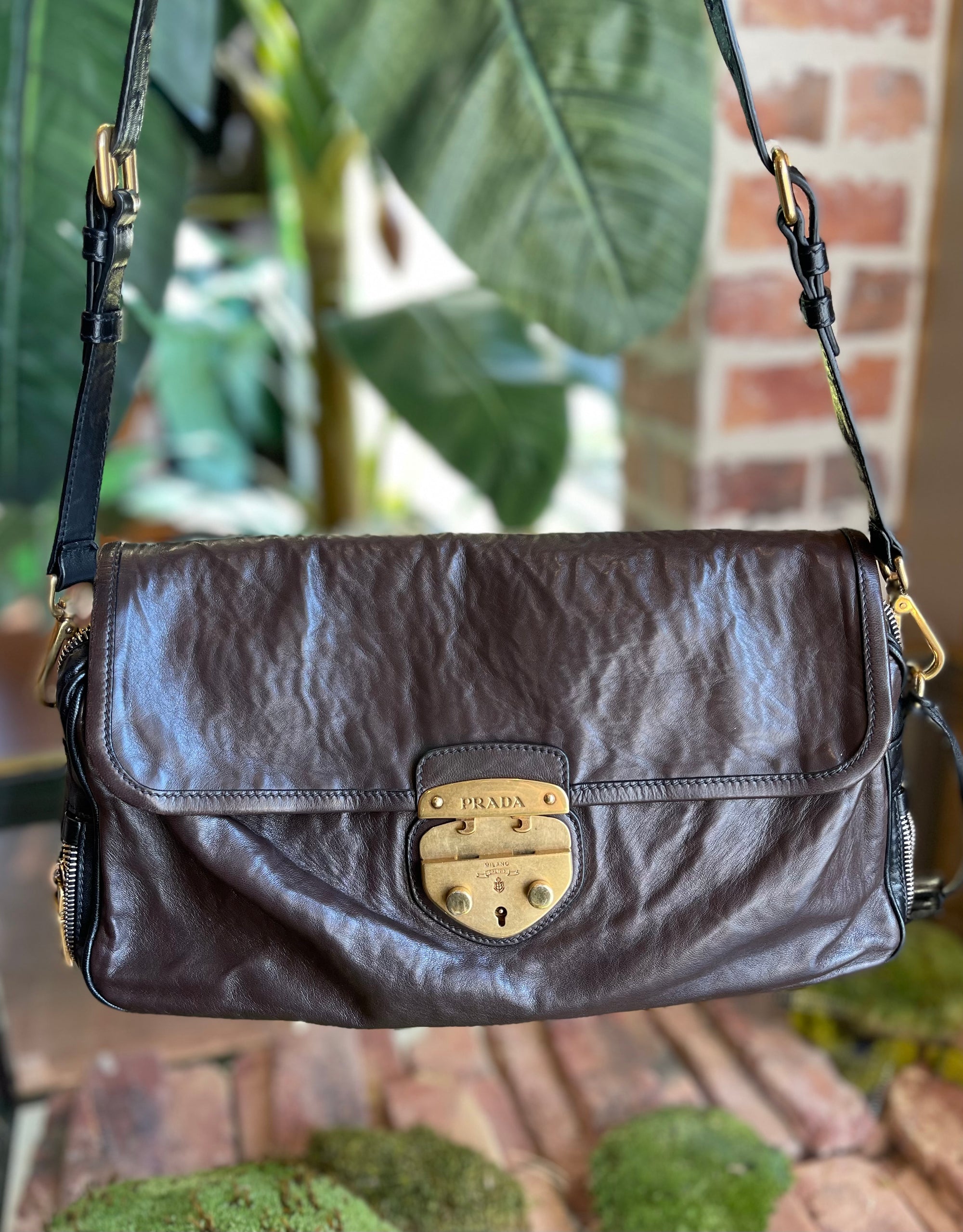 PRADA Brown Soft Antique Calfskin Leather Easy Foldover Pushlock Shoulder Bag