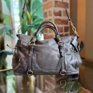MIU MIU Mini Fold-Over Bow Gray Vitello Lux Leather Satchel Bag