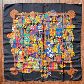 GUCCI Multicolor Tassel Print Vintage Silk Scarf
