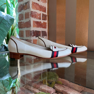 GUCCI White Leather Blue/Red Web Stripe Heeled Loafers SZ 8.5