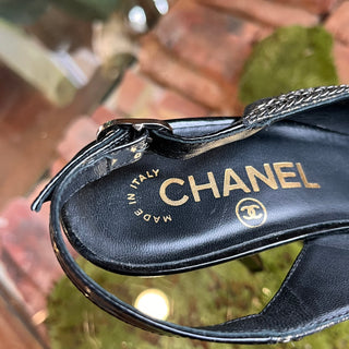 CHANEL Black Patent Leather Chain Cap-Toe Slingback Heels SZ37.5(7.5US)