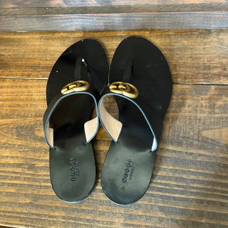 GUCCI Black Calfskin GG Marmont Thong Sandals SZ40.5(10.5US)