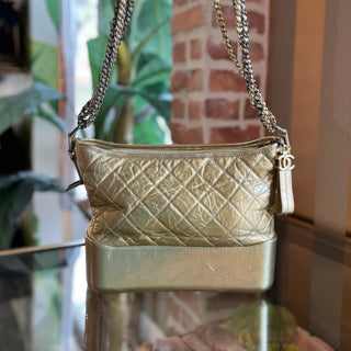 CHANEL Small Gabrielle Hobo Metallic Gold Quilted Aged Calfskin Tote Bag DIA310