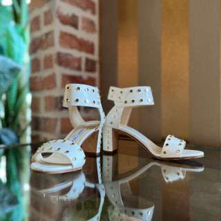 JIMMY CHOO Gold Tone Studded White Leather Heels SZ 35.5 (US 5.5)
