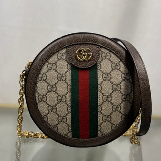 GUCCI Ophidia Mini Round Beige Ebony GG Supreme Canvas Leather Shoulder Bag