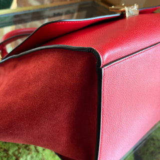 CELINE Small Trapeze Red Pebbled Calfskin Suede Leather Tote Bag