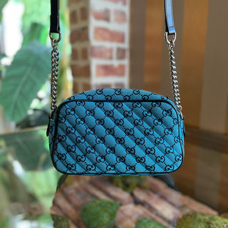 GUCCI Marmont Small Camera Blue GG Diagonal Quilted Canvas Crossbody Bag