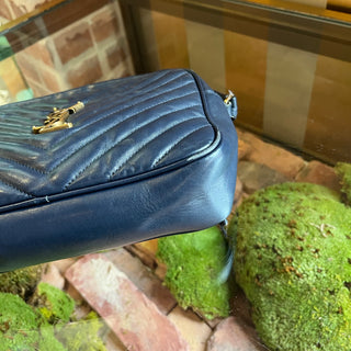 SAINT LAURENT Lou Navy Blue Calfskin Matelasse Monogram Crossbody Bag