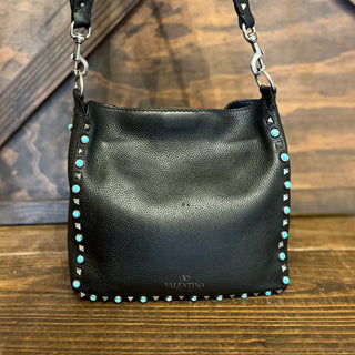 VALENTINO GARAVANI Rockstud Rolling Flip-Lock Messenger Bag Pebbled Calfskin Crossbody