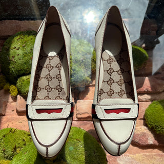 GUCCI White Leather Blue/Red Web Stripe Heeled Loafers SZ 8.5