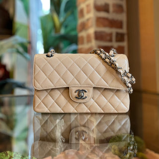 CHANEL Double Flap Small Beige Caviar Quilted Leather Shoulder Bag