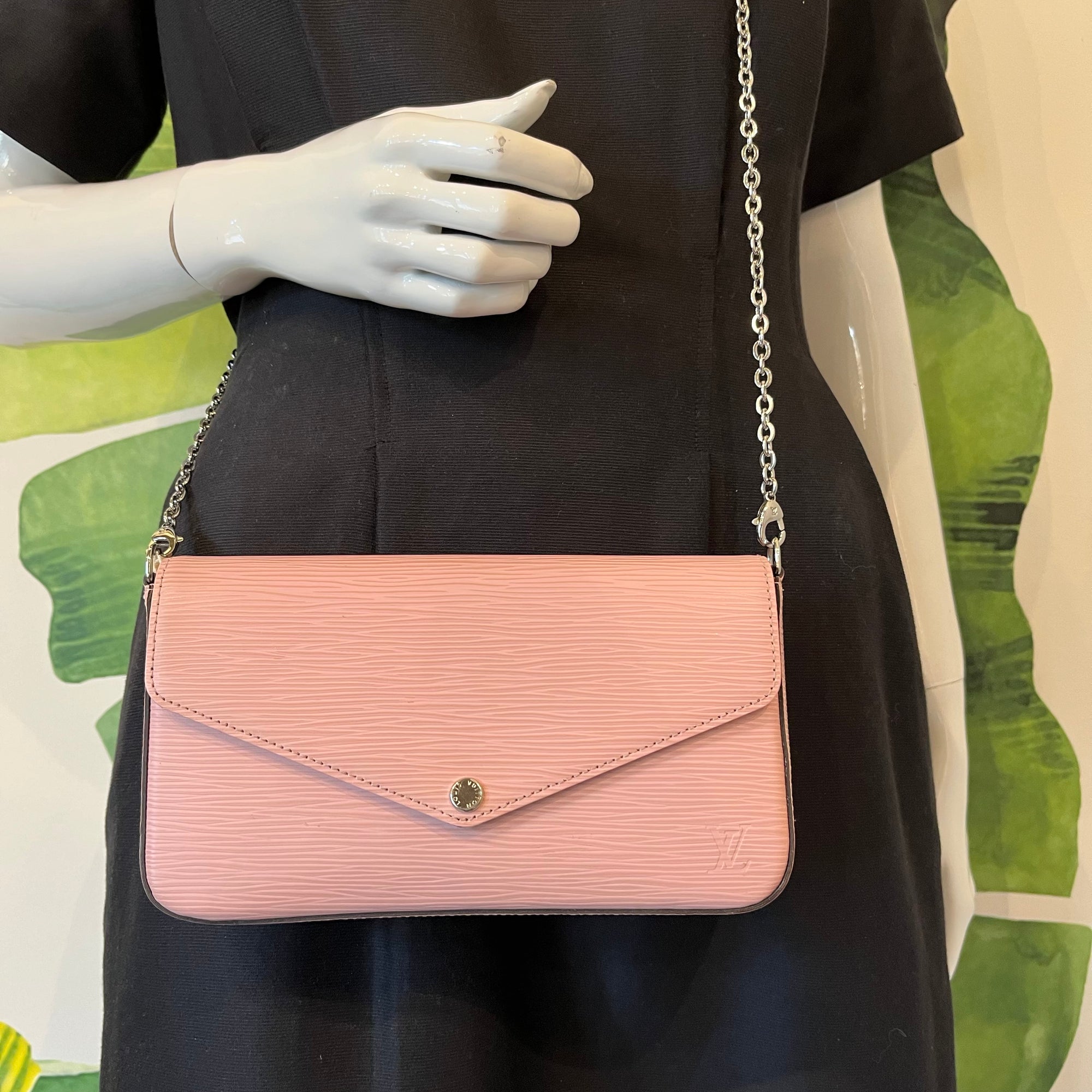 LOUIS VUITTON Rose Poudre Empreinte Pochette Felicie Chain Wallet Full Set