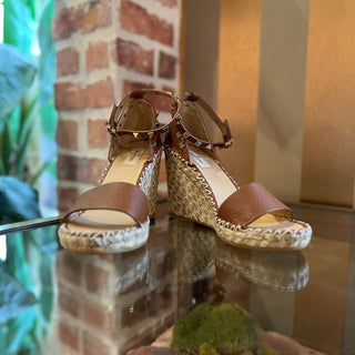 VALENTINO Rockstud Brown Leather Glitter Espadrille Wedges SZ 39 (US 9)