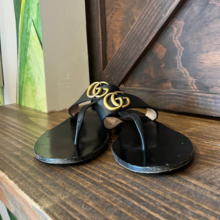 GUCCI Black Calfskin GG Marmont Thong Sandals SZ40.5(10.5US)