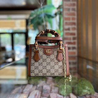 GUCCI Diane Small Brown GG Crystal Bamboo Top Handle