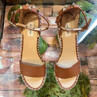 VALENTINO Rockstud Brown Leather Glitter Espadrille Wedges SZ 39 (US 9)