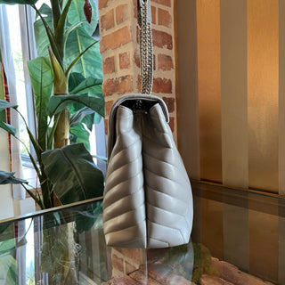 SAINT LAURENT Loulou Large Gray Matelasse Chevron Leather Shoulder Bag