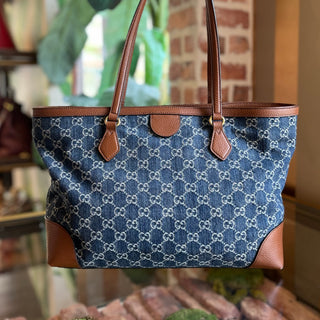 GUCCI Ophidia Medium GG Denim Shopping Tote Bag