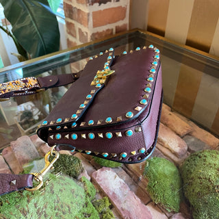 VALENTINO GARAVANI Maroon Rockstud Rolling Guitar Strap Crossbody Bag