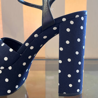 SAINT LAURENT Navy Blue Canvas Polka Dot Bianca Platform Sandals SZ 38 (US 8)