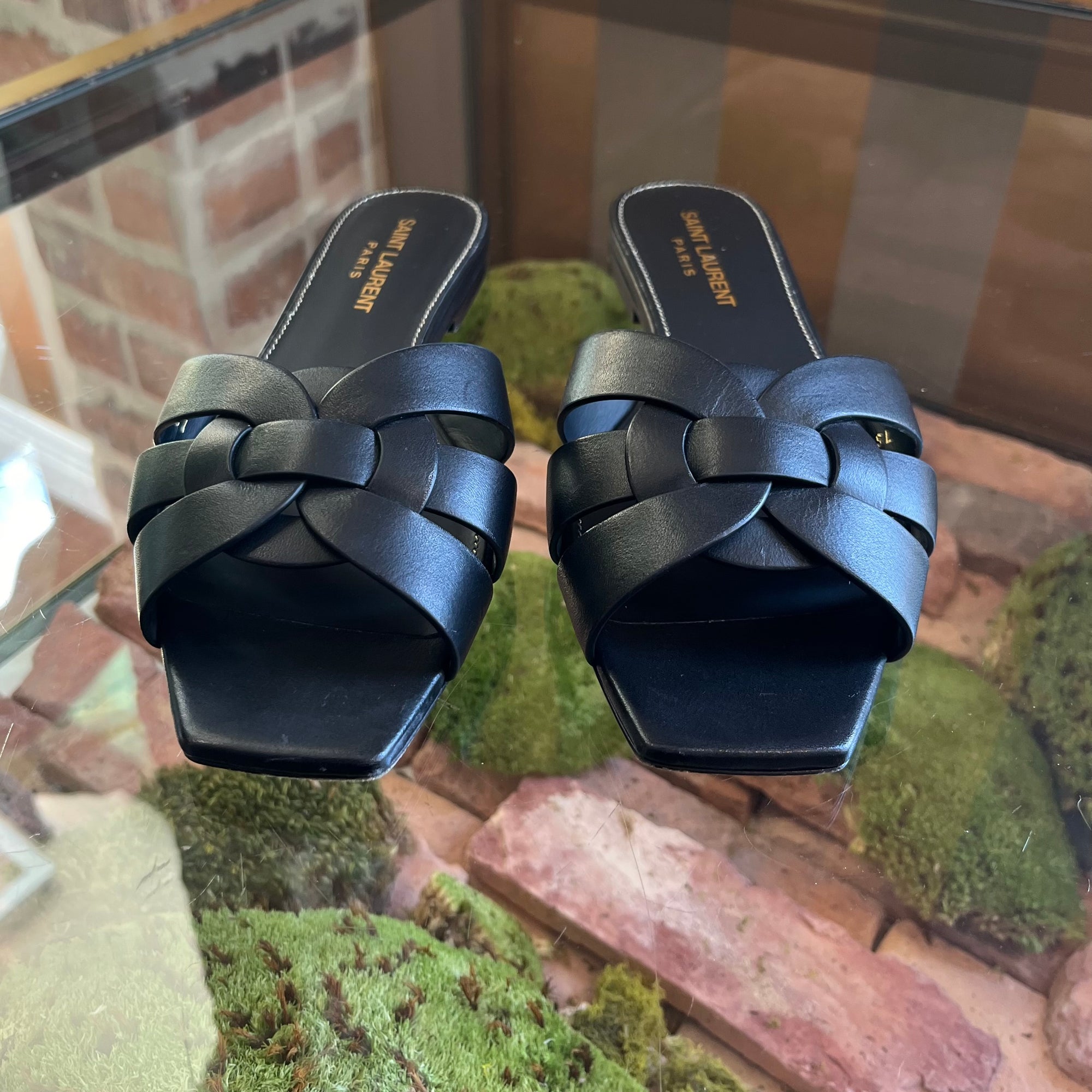 SAINT LAURENT Black Leather Mules Flat Slides Sandals Size 37