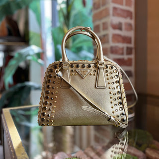 PRADA Pyramid Studded Gold Saffiano Lux Leather Satchel