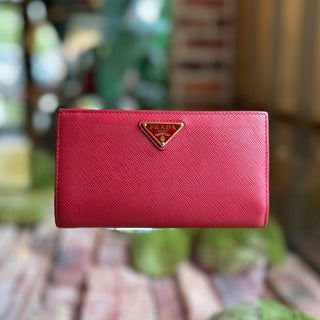 PRADA Red Saffiano Double Snap Wallet