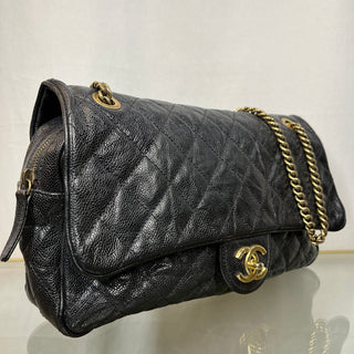 CHANEL Easy Flap Caviar Leather Shoulder Bag Black ADI11083