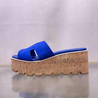 HERMES Eze 30 Bleu Ocean Suede Goatskin Cork Sandals SZ38(8US)