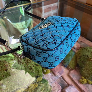 GUCCI Marmont Small Camera Blue GG Diagonal Quilted Canvas Crossbody Bag
