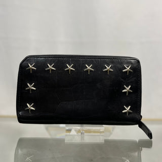 JIMMY CHOO Fastener Black Croc Embossed Leather Star Studded Round Wallet