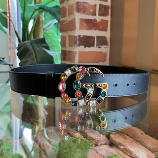 GUCCI Double G Logo Crystal-Embellished Leather Belt 90/36(8US)