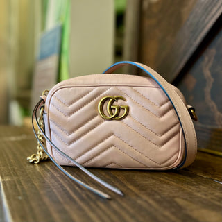 GUCCI Pink Calfskin Matelasse Mini GG Marmont Chain Crossbody