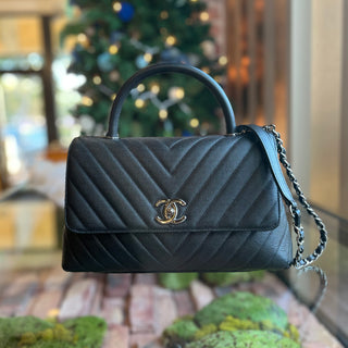 CHANEL Coco Handle Flap Small Black Caviar Chevron Quilted Shoulder Bag