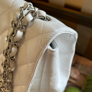 CHANEL Jumbo White Caviar Leather Single Flap Shoulder Bag