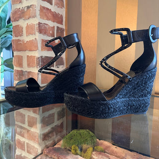 LOUBOUTIN Chocazeppa Spikes Black Espadrille Wedges SZ 38 (US 8)