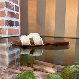 HERMES Beige Linen Canvas Oran Sandals SZ 39.5 (US 9.5)