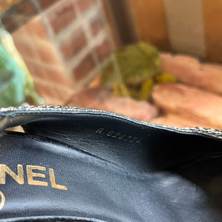 CHANEL Black Patent Leather Chain Cap-Toe Slingback Heels SZ37.5(7.5US)