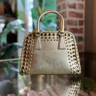 PRADA Pyramid Studded Gold Saffiano Lux Leather Satchel
