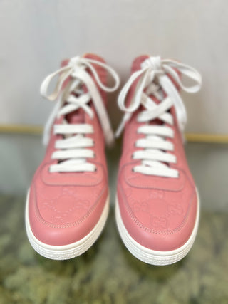 GUCCI Hightop Signature Rose Bab Pink Leather Sneakers SZ 36