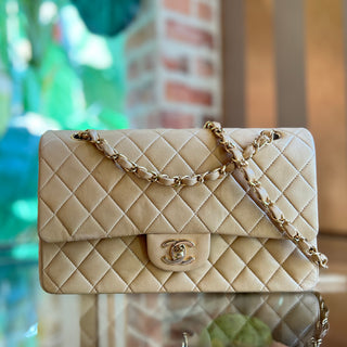 CHANEL Beige Lambskin Leather Quilted Double Flap Shoulder Bag