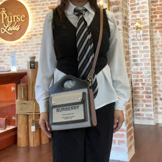 BURBERRY Mini Logo Black Pocket Canvas  Leather Tote Bag