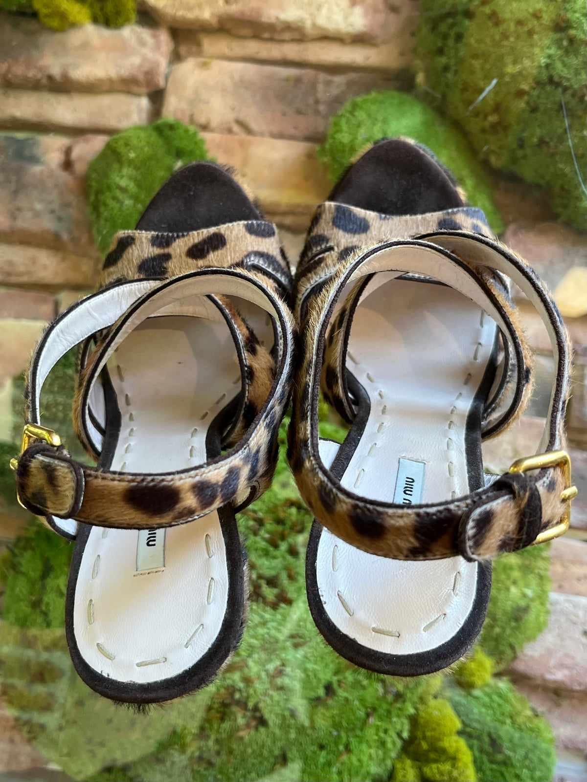 MIU MIU Brown Leopard Print Calf Hair Ankle Strap Platform Sandals SZ37